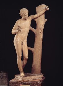 Apollo Sauroktonos (Hagedisdoder) Romeinse kopie van een Griekse bronzen beeld gemaakt ca. 350 v.Chr., toegeschreven aan Praxiteles (fl. 370-339 v.Chr.) (marmer)